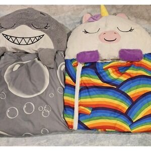 Happy Nappers Unicorn & Shark Sleeping Bag Plush Pillow Kids Nap Mat Bundle READ